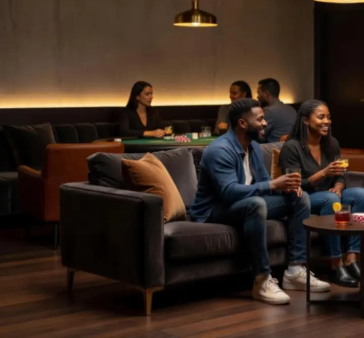 Moderní lounge prostor s večerním osvětlením