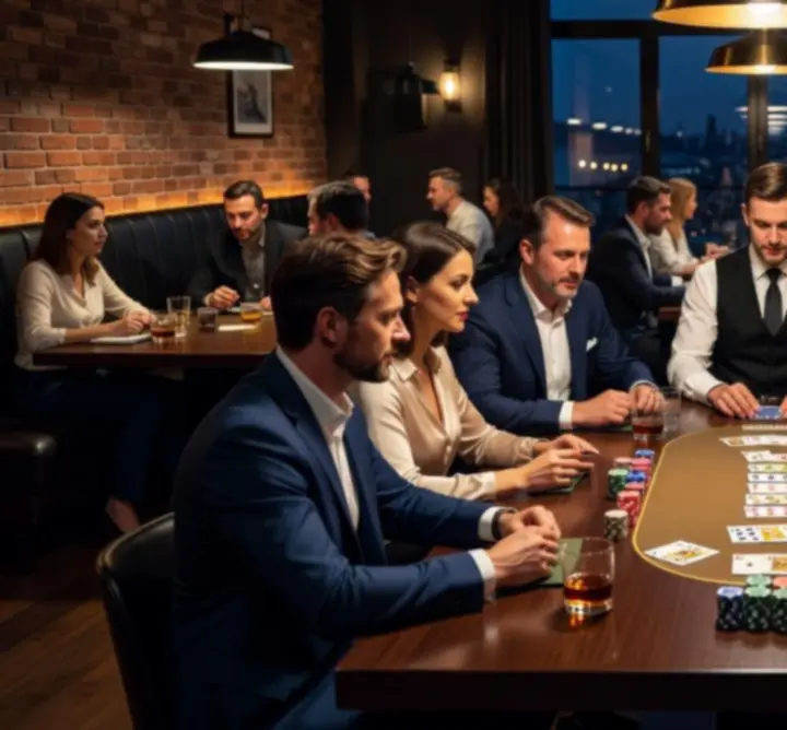 Hráči u pokerového stolu během večerního turnaje v HERNI VECERY CZ
