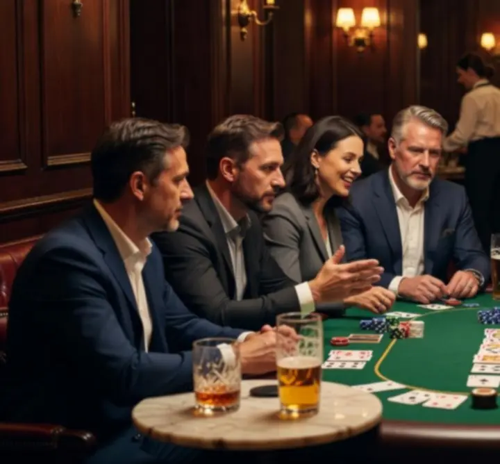 Skupina hráčů u pokerového stolu během večerní hry
