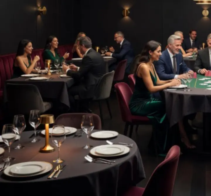 Pokerový stůl v restauraci s hosty během večerní akce