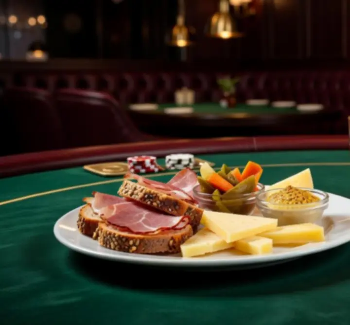 Pokerový stůl se žetony a talíři s gourmet specialitami v HERNI VECERY CZ