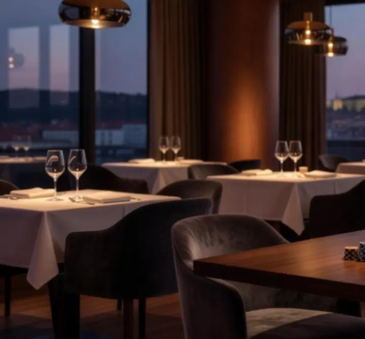 Elegantní večerní interiér restaurace s nasvícenými stoly