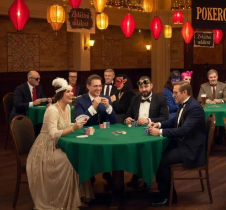 Tématický pokerový večer s barevným osvětlením a hráči v HERNI VECERY CZ